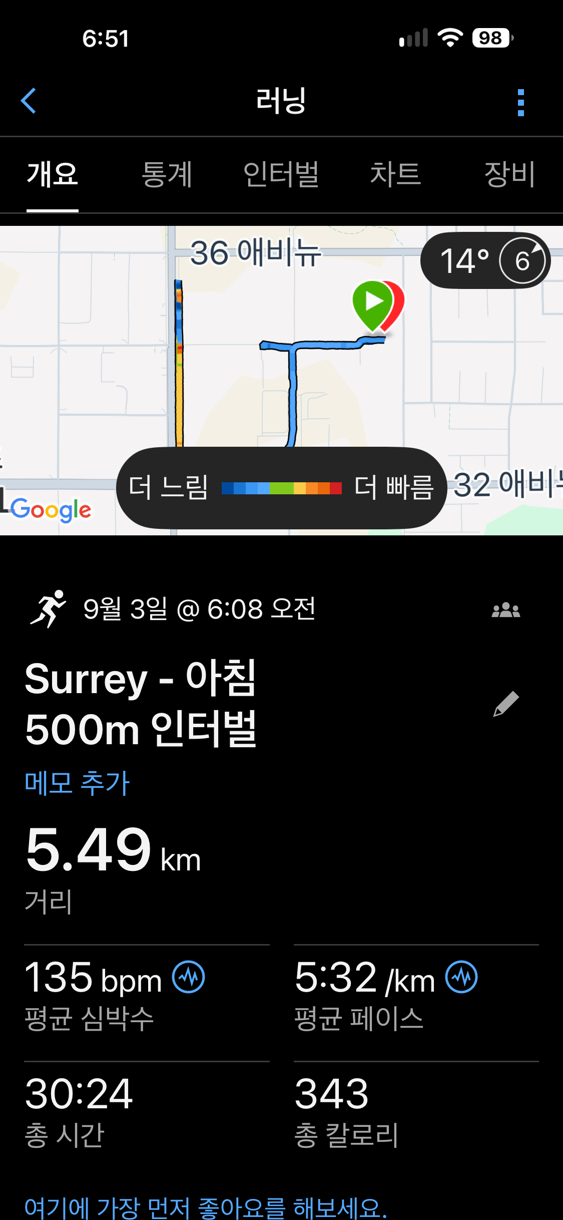 500m 인터벌 5세트